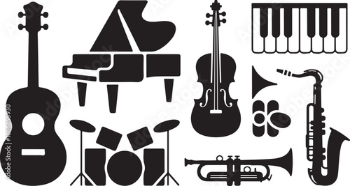 Musical Instruments Icons Collection Guitar Piano Violin Trumpet Saxophone Vector