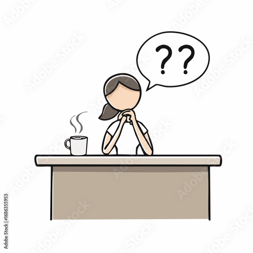 Stick figure at desk with coffee cup, chin on hand, oversized bubble showing faint doodle of question marks, vector black outline, white background