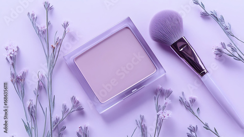 A square translucent mauve compact paired with a domed brush, nestled among minimal flower stems on a monochromatic pale purple background,
