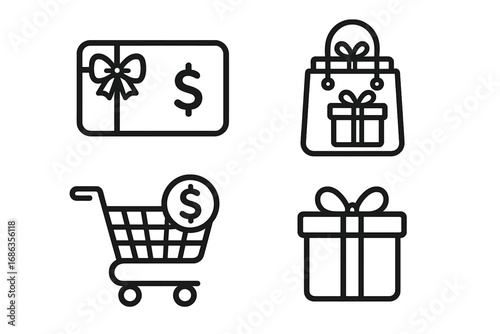 A set of minimalist shopping icons, perfect for retail and e-commerce. Includes gift card, shopping bag, cart with a dollar, and a present box. Vector line art symbols.