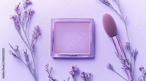 A square translucent mauve compact paired with a domed brush, nestled among minimal flower stems on a monochromatic pale purple background,
