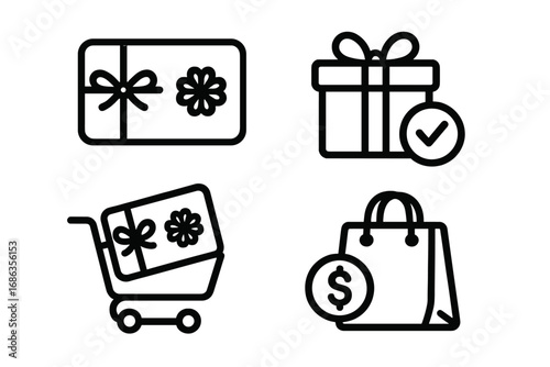 Minimalist Gift Card and Shopping Icons Set. Vector Illustration of Gift Vouchers, Reward Certificate, Shopping Bag, Present Box, Cart, Retail Payment and E-Commerce Symbols Isolated Transparent