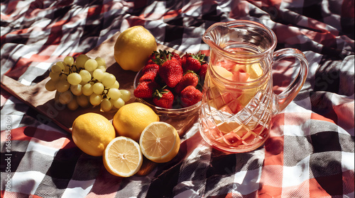 Refreshing summer picnic spread with a pitcher of lemonade, fresh strawberries, grapes, and whole lemons on a checkered blanket