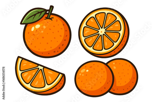 Orange fruit set vector cartoon illustration. Collection of fresh juicy citrus fruits, whole orange with leaf, half slice, and wedge. Healthy organic food for diet, vitamin C.