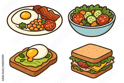 Cartoon food icon set. Vector illustration collection of breakfast and lunch meals. English breakfast, salad, avocado toast, sandwich. Isolated meal clipart for menu design.