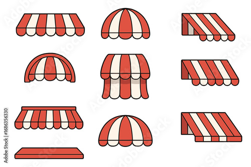 Set of red and white striped awnings. Vector collection of various canopy styles for shop, cafe, or market store fronts. Cartoon illustration for exterior decoration.