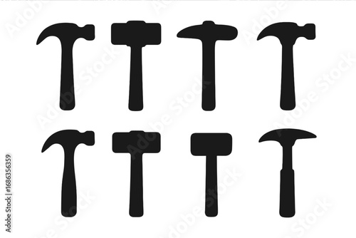 Hammer silhouette set. Various tool icons for construction, repair, and carpentry. Vector collection for workshop or DIY projects, including claw hammer and sledgehammer designs.