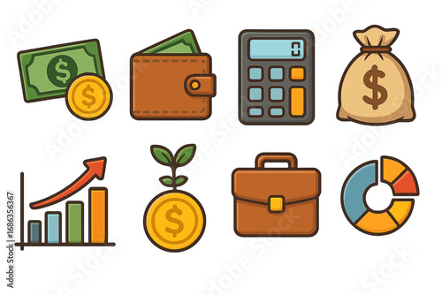 Finance icon set for business and investment. Vector cartoon illustration of money, wallet, calculator, growth chart, and briefcase for financial management and economy.