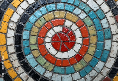 Intricate spiral mosaic design featuring vibrant colored ceramic tiles arranged in concentric