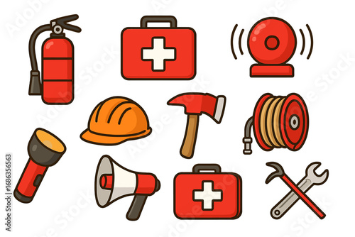 Emergency preparedness icons set. Safety equipment for fire fighting and workplace safety. First aid kit, extinguisher, alarm, helmet. Vector cartoon illustration collection.
