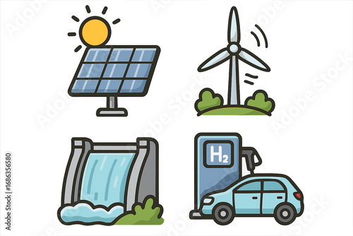 Renewable energy icon set. Green power source concepts. Solar panel, wind turbine, hydroelectric dam, and hydrogen H2 car fuel station. Sustainable clean ecology technology.
