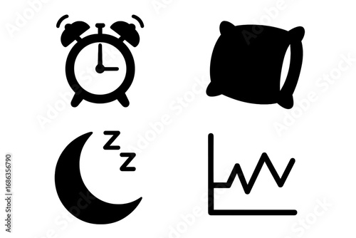 Sleep icon set with alarm clock, pillow, moon and sleep cycle graph. Vector silhouette symbols for concepts like insomnia, bedtime, dreaming, rest and sleep analysis.