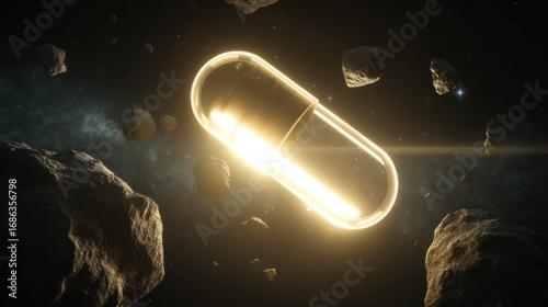 A solitary vitamin capsule adrift in space, encircled by meat fragments resembling asteroids, symbolizing the cosmic journey of nutrition.