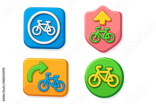 Colorful 3D icons for bicycle navigation app. Cycling symbols for bike paths and routes. Vector cartoon set of glossy buttons, signs and map pointers for user interface design.