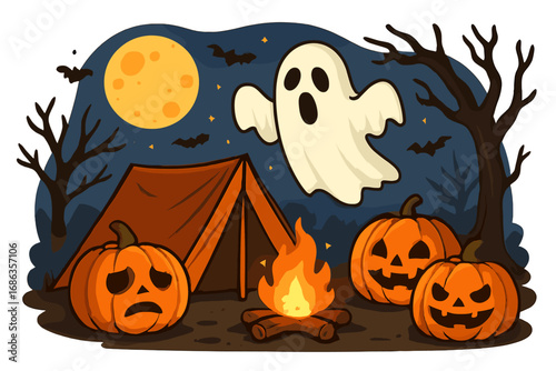 Spooky Halloween night camping scene with a ghost, jack-o'-lantern pumpkins, and a campfire. Haunted forest campsite with a full moon and bats. Cute cartoon vector illustration.
