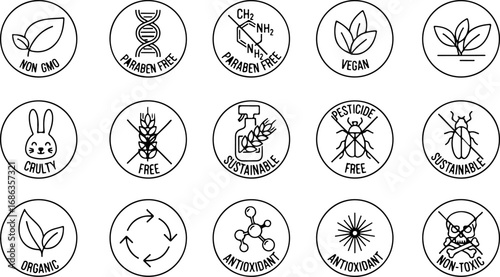 Set of eco product labels: Non GMO, paraben free, vegan, cruelty free and more