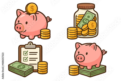 Vector collection of finance icons. Piggy bank, money jar, budget plan. Cartoon concept for saving, investment, banking, and wealth accumulation. Financial management set.