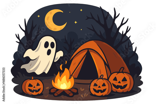 Spooky Halloween night camping adventure with a friendly ghost by the campfire. Cute vector cartoon with jack-o-lantern pumpkins in a dark, scary forest. Autumn holiday scene.