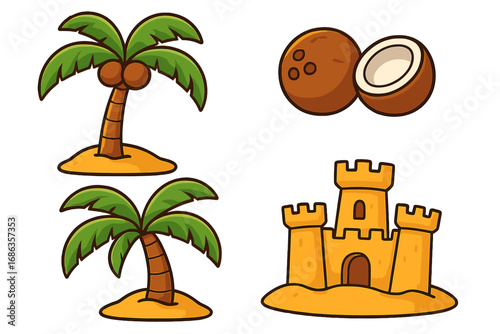 Summer beach vacation elements set. Cute cartoon palm trees, coconuts and sandcastle. Tropical island holiday vector illustration icons collection for travel or paradise concept.