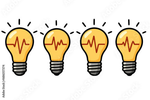 Light bulb with heartbeat pulse line. Concept of energy, life, creativity, and innovation. Medical technology, vital spark, and new ideas. Cartoon vector illustration set.