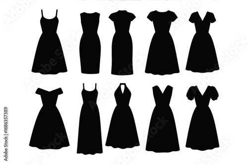 Collection of classic black dress silhouettes. Woman fashion icon set. Elegant female apparel for party, cocktail or formal event. Various styles of garment. Vector graphic.