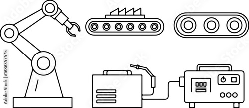 Robotic arm, conveyor belt, and welding machine line drawing