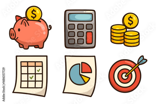 Finance and budget icon set. Vector cartoon concepts for money management, savings, and investment. Piggy bank, calculator, coins, budget sheet, pie chart, and target goal.