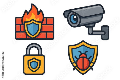 Cybersecurity vector icon set. Firewall, surveillance camera, padlock, and antivirus symbols. Network security, data protection, and malware concepts. Flat cartoon illustration.