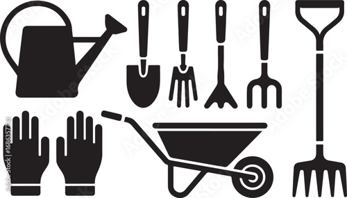Gardening Tools Icons Set Garden Equipment Shovel Rake Wheelbarrow Gloves Watering Can