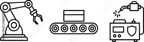 Industrial Automation Line Icons Set with Robotic Arm, Conveyor Belt, and Welding Machine