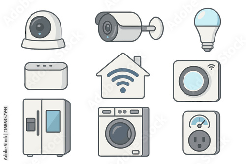 Smart home technology icon set for modern living. Vector icons of IoT devices including security camera, smart plug, thermostat, and home automation appliances for energy management.