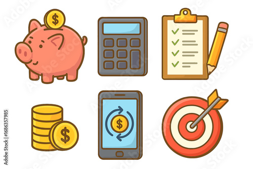 Finance icon set. Piggy bank. Money saving. Calculator. Budget planning. Coins investment. Mobile banking. Target achievement. Financial goal. Business success vector cartoon.