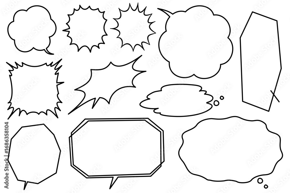Obraz premium モノクロの色々な吹き出しセット しっぽ付き 漫画 コミック 素材