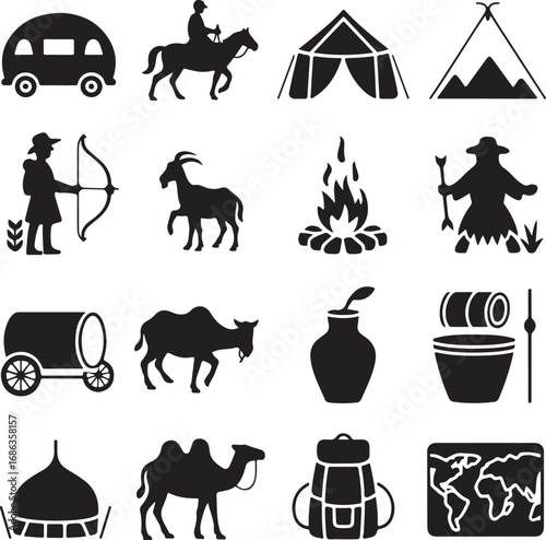 Nomadic Lifestyle Icons Set With Camel Tent Horse And World Map Keywords: nomadic, lifestyle