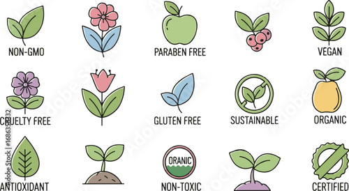 Set of natural product labels "Non-GMO", "Paraben Free", "Vegan", "Cruelty Free", "Gluten Free", "Sustainable", "Organic", "Antioxidant", "Non-Toxic", "Certified"