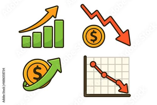 Financial growth and decline vector icon set. Bar chart with arrow up for profit and success. Graph with arrow down for loss, crisis, and stock market recession concept.