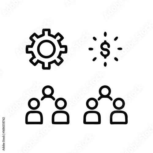 Set of four business icons including gear money and teamwork concepts