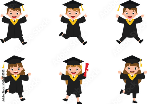 Happy cartoon kids in graduation gowns, jumping and celebrating success, children with cap and certificate, education concept, vector illustration