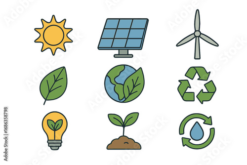 Renewable energy icon set. Green power, sustainability and ecology symbols. Solar panel, wind turbine, recycle sign, leaf, earth, water conservation vector illustration.