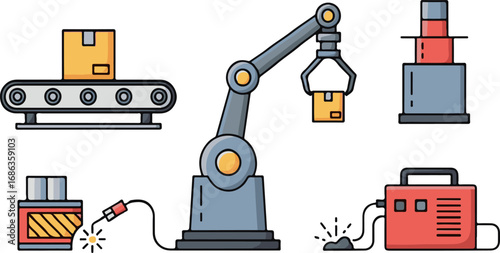 Industrial automation vector icons set. Robotic arm, conveyor belt, welding machine, and factory equipment illustrations.