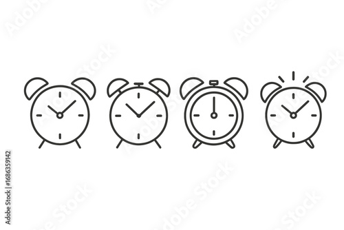 Minimalist Alarm Clocks Collection in Linear Style, Time Management Concept, Vector Cartoon Illustration with Transparent Background, Ordered Set of Four Classic Timepiece Icons