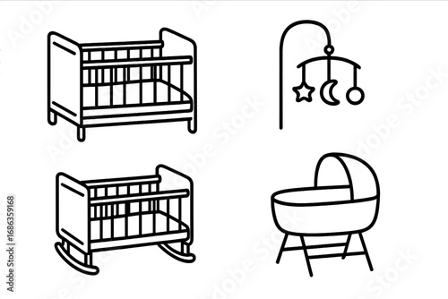 Minimalist baby cradle and nursery set, outline style vector illustration with crib, rocking cradle, baby bassinet and mobile, nursery decor, transparent background, simple design