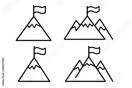 Mountain with flag on peak icon set. Simple line art for success, goal, achievement, and reaching the summit. Business mission accomplished concept. Vector illustration.