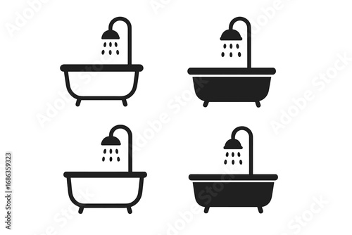 Minimalist Bathtub Icon Set with Shower Heads in Black and White, Vector Cartoon Illustrations, Bathroom Fixtures, Sanitaryware Symbols, Bathroom Decor Elements, Transparent Background