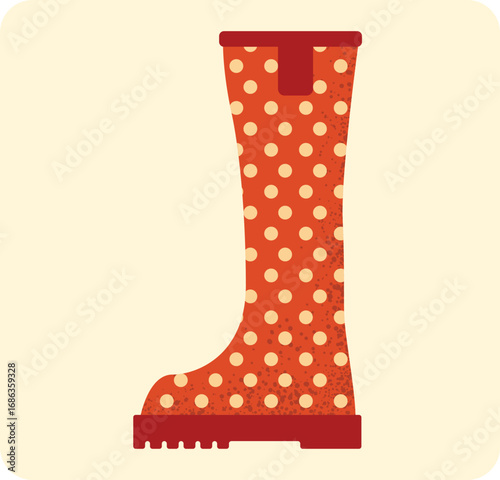Red polka dot rubber boot illustration. Colorful waterproof footwear design for rainy weather, gardening, or outdoor activities.