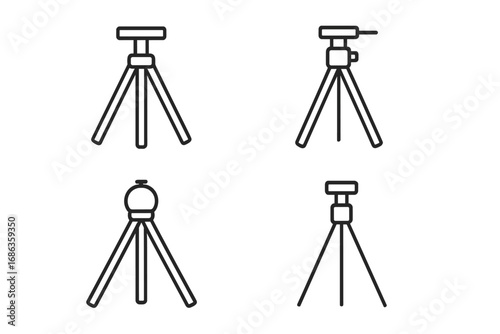 Minimalist black tripod line art collection, vector cartoon illustration set for creative projects, transparent background, elegant photography and videography tools icons