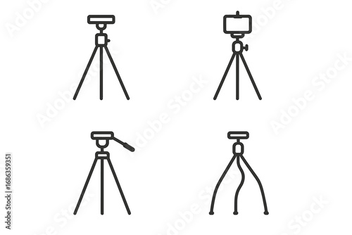 Minimalist black tripod line art collection, creative vector cartoon illustration set with transparent background, photography and videography equipment icons, modern design