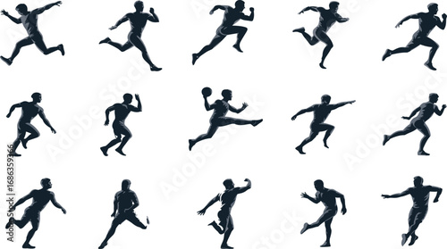 Athletic running silhouettes — dynamic human poses in motion, sprinting, jogging, sports action, catching, throwing, ball handling, movement study