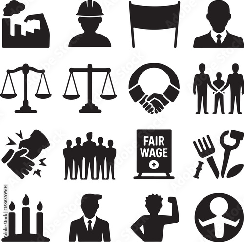 Labor union and worker rights symbols and icons factory hard hat