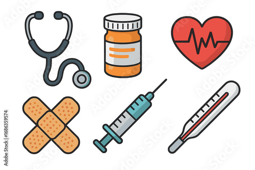 Medical icon set for healthcare, hospital and clinic. Vector cartoon symbols of stethoscope, pills, heart rate, syringe, bandage, thermometer. First aid and pharmacy concept.